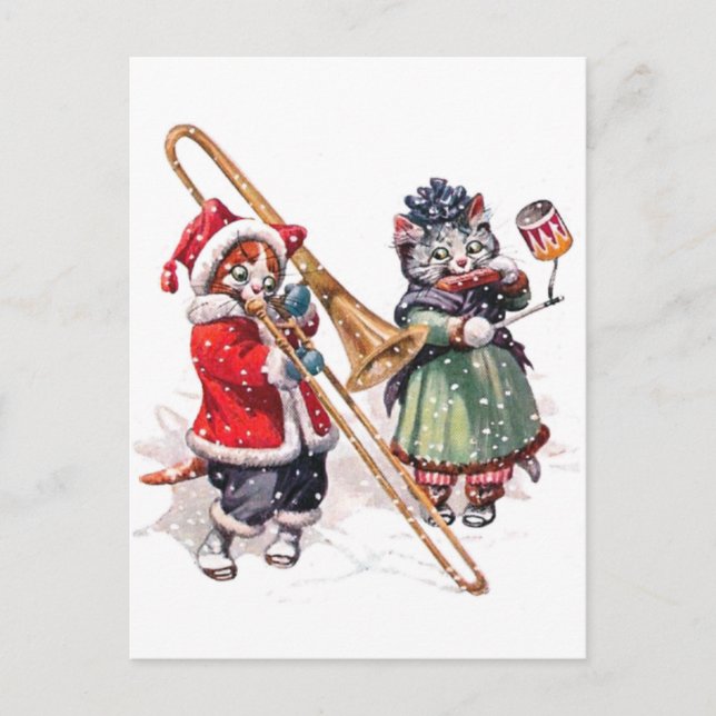 Cat Plays Trombone in the Snow Postcard (Front)