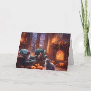 Cat pondering on Halloween in a cozy living room Card
