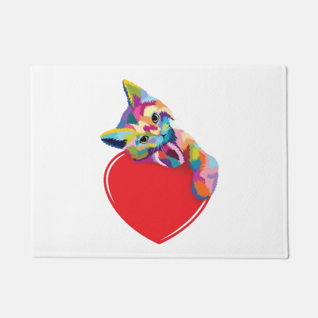 Cat Pop Art Style Kitty On A Heart Doormat (Front)