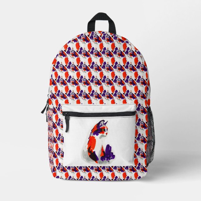 Cat Portrait – Bold Graphic Art Orange and Violet Printed Backpack (Front)
