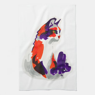 Cat Portrait – Bold Graphic Art Orange and Violet Tea Towel