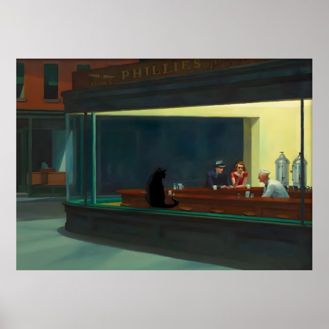 Cat Poster Famous Painting Hopper Nighthawks (Front)