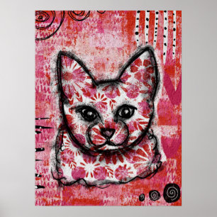 Cat Poster Orange Hot Pink - Bright Kitty