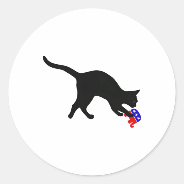 Cat Pouncing On Gop Elephant Funny Democat  Classic Round Sticker (Front)