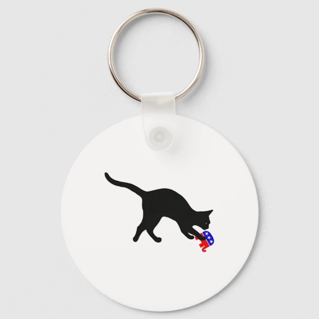 Cat Pouncing On Gop Elephant Funny Democat  Key Ring (Front)