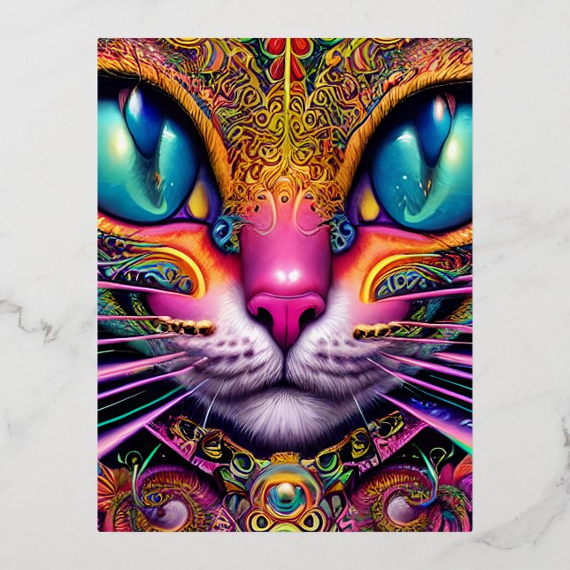 Cat Psychedelic Fantasy Character Portrait Foil Holiday Postcard (Front)