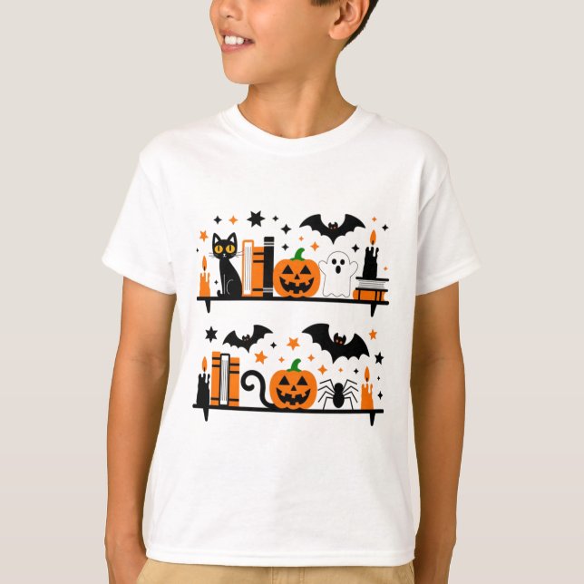 Cat Pumpkin Bat Spider Halloween Book Candle  T-Shirt (Front)