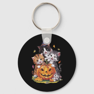 Cat Pumpkin Halloween Floral Spooky Season Vintage Key Ring