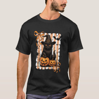 Cat Pumpkin Halloween Retro Coquette Bow Spooky Se T-Shirt