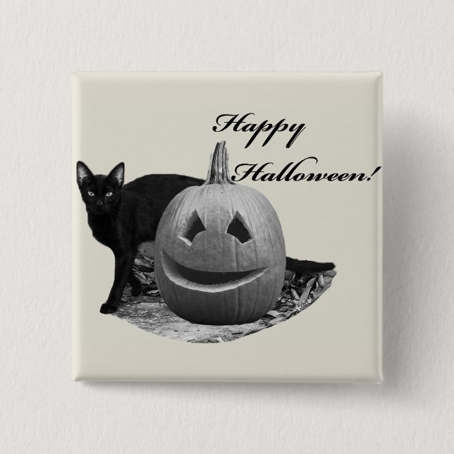 Cat & Pumpkin Happy Halloween 15 Cm Square Badge (Front)