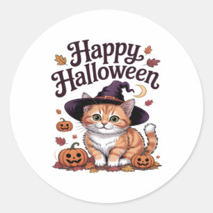 Cat Pumpkin Happy Halloween Classic Round Sticker