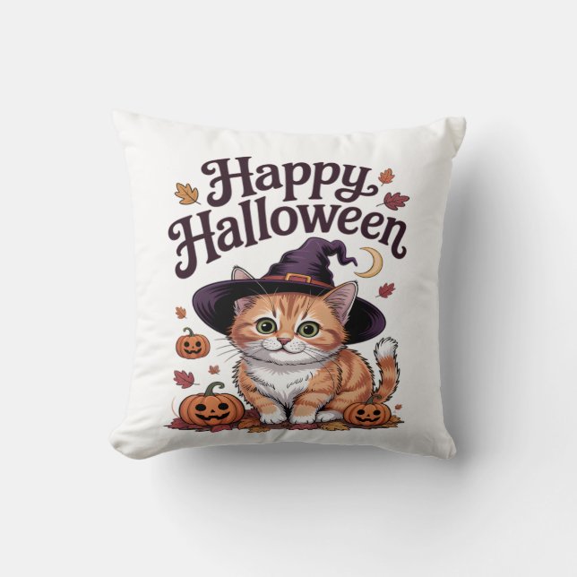 Cat Pumpkin Happy Halloween Cushion (Front)