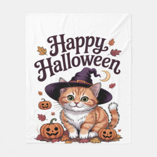 Cat Pumpkin Happy Halloween Fleece Blanket