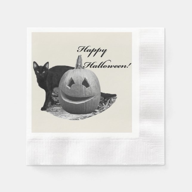 Cat & Pumpkin Happy Halloween Napkin (Front)