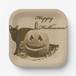 Cat & Pumpkin Happy Halloween Paper Plate