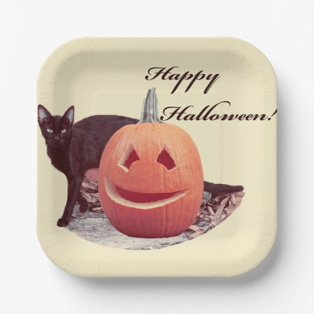 Cat & Pumpkin Happy Halloween Paper Plate (Front)