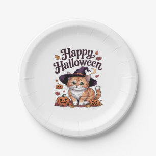 Cat Pumpkin Happy Halloween Paper Plate