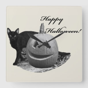 Cat & Pumpkin Happy Halloween Square Wall Clock