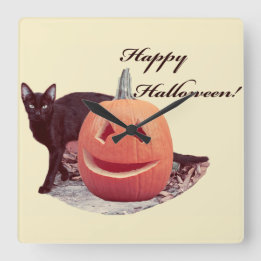 Cat & Pumpkin Happy Halloween Square Wall Clock