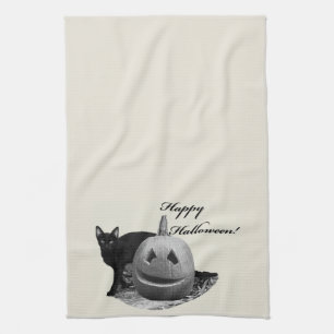 Cat & Pumpkin Happy Halloween Tea Towel