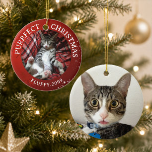Cat Purrfect Christmas 2 Photos Red Ceramic Tree Decoration