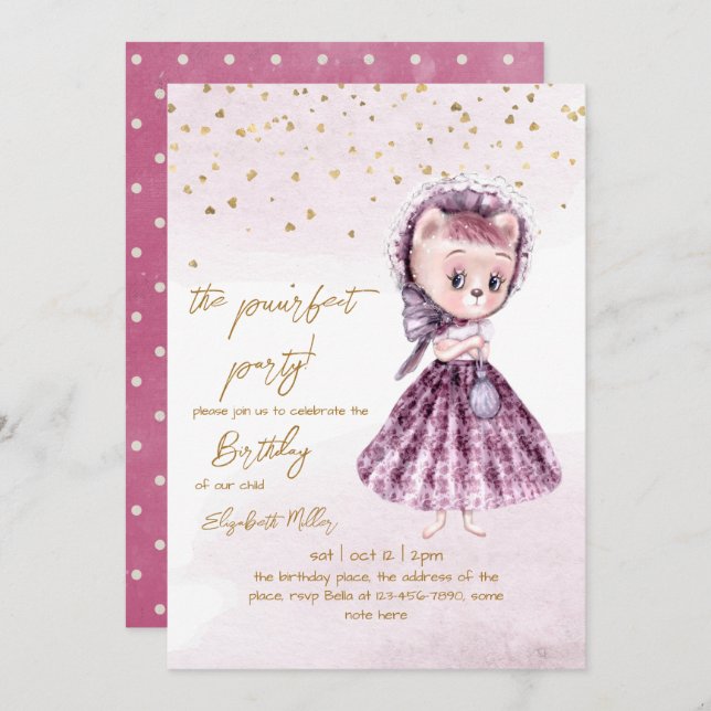 Cat Puur-fect Party Girl 2nd Birthday Invitation (Front/Back)