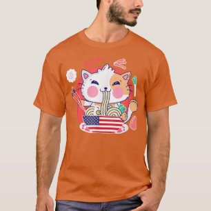 Cat Ramen American Anime Flag 4th Of July Funny Pa T-Shirt