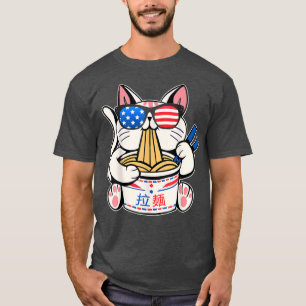 Cat Ramen Anime American Flag USA 4th Of July Eat  T-Shirt
