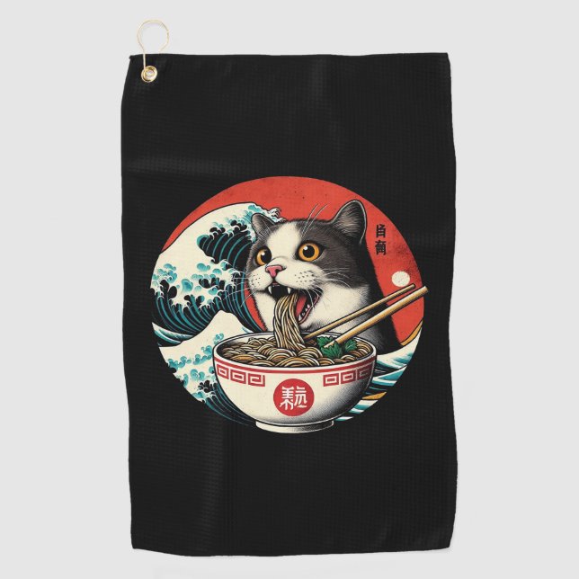 Cat Ramen Japanese Art Vintage Style Golf Towel (Front)