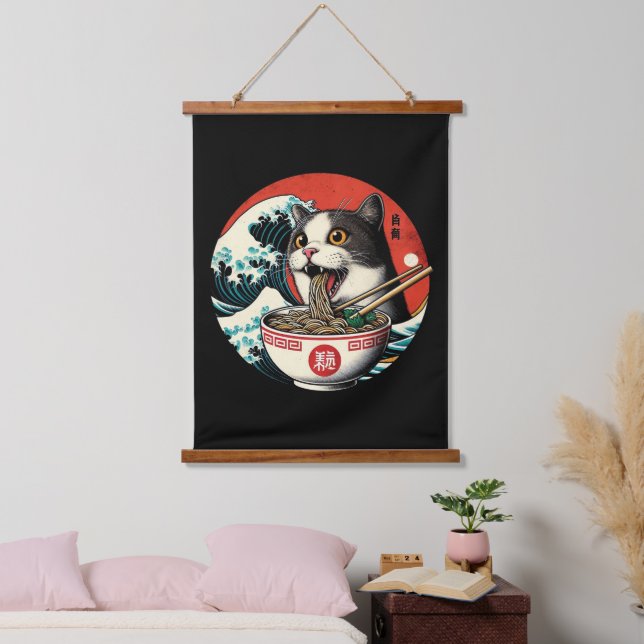 Cat Ramen Japanese Art Vintage Style Hanging Tapestry (Bedroom)