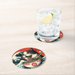 Cat Ramen Japanese Art Vintage Style Round Paper Coaster