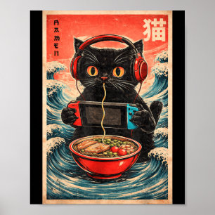 Cat Ramen Japanese Funny Graphic Kawaii Cat Anime Poster