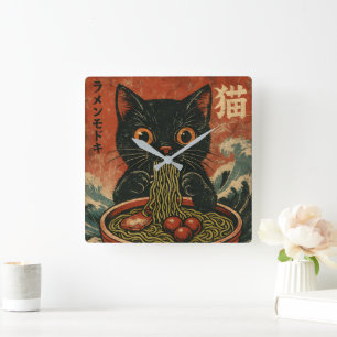 Cat Ramen Japanese Funny Graphic Kawaii Cat Anime Square Wall Clock