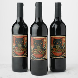 Cat Ramen Japanese Funny Graphic Kawaii Cat Anime Wine Label