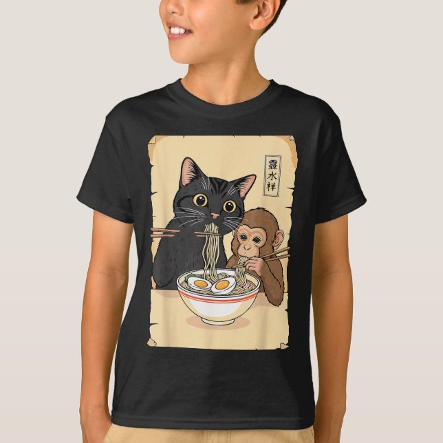 Cat Ramen Monkey Shirt Funny Cat Monkey Eating Ram (Front)