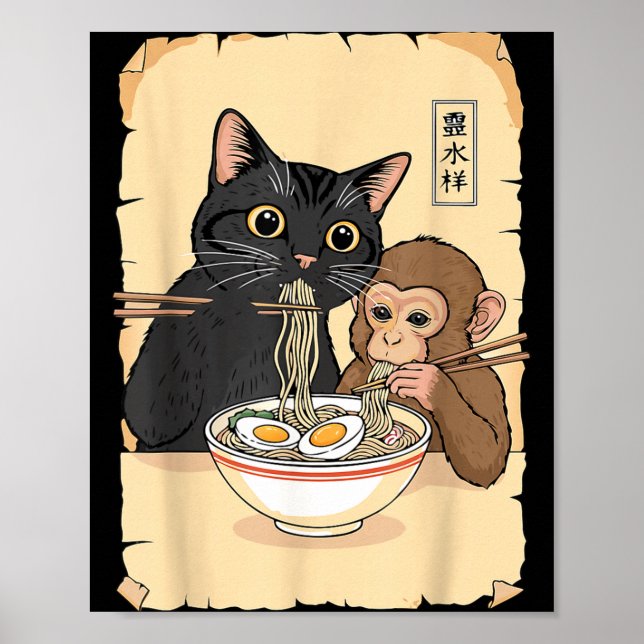 Cat Ramen Monkey Shirt Funny Cat Monkey Eating Ram Poster (Front)