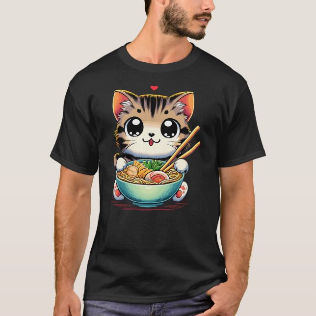 Cat Ramen Noodles Anime Kawaii Japanese Cat T-Shirt (Front)