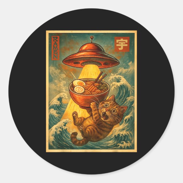 Cat Ramen Ufo Funny Men Women Teens Kids Japanese  Classic Round Sticker (Front)