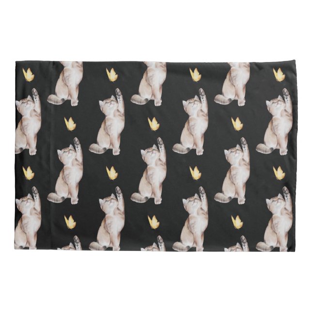 Cat Reaching For Yellow Butterfly on Black Pillowcase (Back)