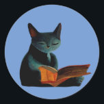 Cat reading a book classic round sticker<br><div class="desc">Cat reading a book</div>