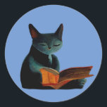 Cat reading a book classic round sticker<br><div class="desc">Cat reading a book</div>