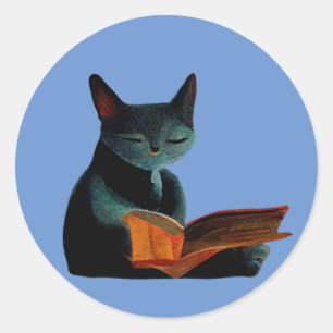 Cat reading a book classic round sticker