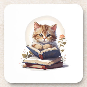 Cat reading a book coaster