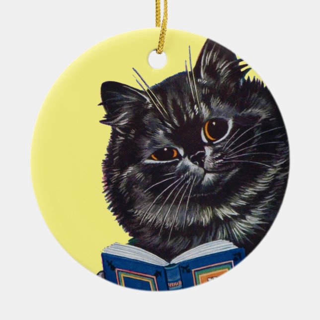 Cat Reading a Book, Louis Wain Ceramic Tree Decoration (Front)