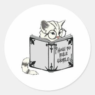 Cat Reading Book Classic Round Sticker