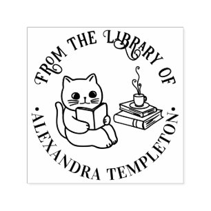Cat Reading Book, Coffee Library Book Name Self-inking Stamp