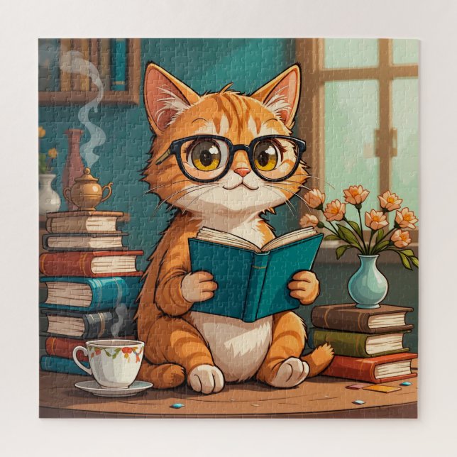 🐱 Cat Reading Book Jigsaw Puzzle Cute Gift ✨ (Vertical)