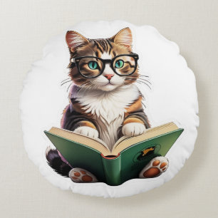 Cat Reading Book  Round Cushion