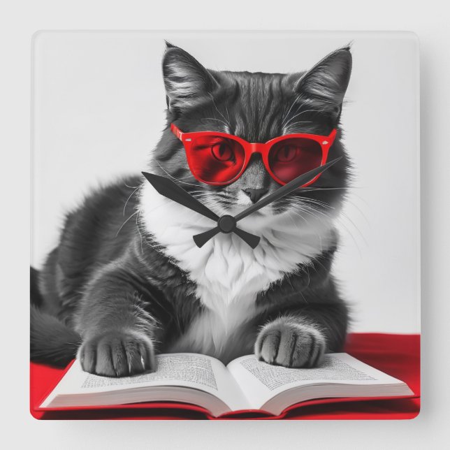 Cat Reading Book Square Wall Clock (Front)