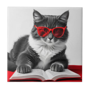 Cat Reading Book Tile